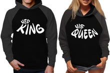 Load image into Gallery viewer, Her King and His Queen raglan hoodies, Matching couple hoodies, Charcoal Black King Queen design on man and woman hoodies