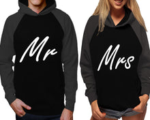 Load image into Gallery viewer, Mr and Mrs raglan hoodies, Matching couple hoodies, Charcoal Black his and hers man and woman contrast raglan hoodies