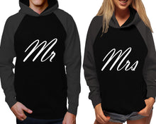 Load image into Gallery viewer, Mr and Mrs raglan hoodies, Matching couple hoodies, Charcoal Black his and hers man and woman contrast raglan hoodies