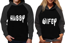 Load image into Gallery viewer, Hubby and Wifey raglan hoodies, Matching couple hoodies, Charcoal Black King Queen design on man and woman hoodies