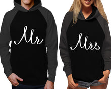 Load image into Gallery viewer, Mr and Mrs raglan hoodies, Matching couple hoodies, Charcoal Black his and hers man and woman contrast raglan hoodies
