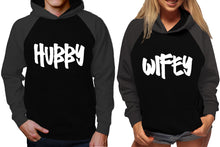 Load image into Gallery viewer, Hubby and Wifey raglan hoodies, Matching couple hoodies, Charcoal Black King Queen design on man and woman hoodies