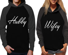 將圖片載入圖庫檢視器 Hubby and Wifey raglan hoodies, Matching couple hoodies, Charcoal Black his and hers man and woman contrast raglan hoodies