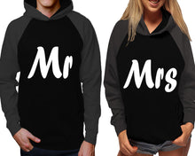 Load image into Gallery viewer, Mr and Mrs raglan hoodies, Matching couple hoodies, Charcoal Black his and hers man and woman contrast raglan hoodies
