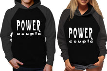 將圖片載入圖庫檢視器 Power Couple raglan hoodies, Matching couple hoodies, Charcoal Black his and hers man and woman contrast raglan hoodies