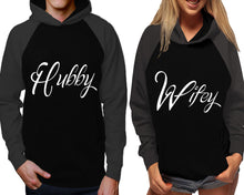 Load image into Gallery viewer, Hubby and Wifey raglan hoodies, Matching couple hoodies, Charcoal Black his and hers man and woman contrast raglan hoodies