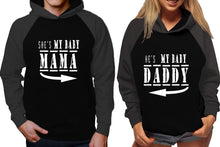 Load image into Gallery viewer, She's My Baby Mama and He's My Baby Daddy raglan hoodies, Matching couple hoodies, Charcoal Black his and hers man and woman contrast raglan hoodies