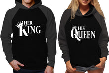 Load image into Gallery viewer, Her King and His Queen raglan hoodies, Matching couple hoodies, Charcoal Black King Queen design on man and woman hoodies