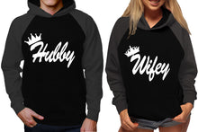 Load image into Gallery viewer, Hubby and Wifey raglan hoodies, Matching couple hoodies, Charcoal Black King Queen design on man and woman hoodies