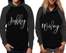 將圖片載入圖庫檢視器 Hubby and Wifey raglan hoodies, Matching couple hoodies, Charcoal Black his and hers man and woman contrast raglan hoodies
