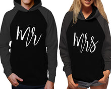 Load image into Gallery viewer, Mr and Mrs raglan hoodies, Matching couple hoodies, Charcoal Black his and hers man and woman contrast raglan hoodies