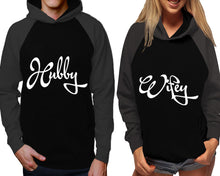 Load image into Gallery viewer, Hubby and Wifey raglan hoodies, Matching couple hoodies, Charcoal Black his and hers man and woman contrast raglan hoodies