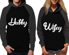 Load image into Gallery viewer, Hubby and Wifey raglan hoodies, Matching couple hoodies, Charcoal Black his and hers man and woman contrast raglan hoodies