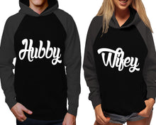 Load image into Gallery viewer, Hubby and Wifey raglan hoodies, Matching couple hoodies, Charcoal Black his and hers man and woman contrast raglan hoodies