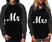 Load image into Gallery viewer, Mr and Mrs raglan hoodies, Matching couple hoodies, Charcoal Black his and hers man and woman contrast raglan hoodies
