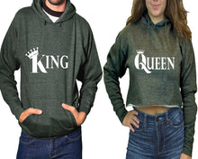 將圖片載入圖庫檢視器 King and Queen hoodies, Matching couple hoodies, Charcoal pullover hoodie for man Charcoal crop top hoodie for woman
