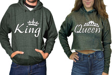 將圖片載入圖庫檢視器 King and Queen hoodies, Matching couple hoodies, Charcoal pullover hoodie for man Charcoal crop top hoodie for woman