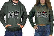 Load image into Gallery viewer, Mr and Mrs hoodies, Matching couple hoodies, Charcoal pullover hoodie for man Charcoal crop top hoodie for woman