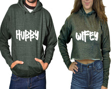 Load image into Gallery viewer, Hubby and Wifey hoodies, Matching couple hoodies, Charcoal pullover hoodie for man Charcoal crop top hoodie for woman
