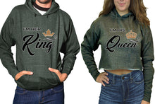 將圖片載入圖庫檢視器 King and Queen hoodies, Matching couple hoodies, Charcoal pullover hoodie for man Charcoal crop top hoodie for woman