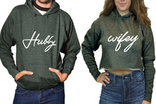 Load image into Gallery viewer, Hubby and Wifey hoodies, Matching couple hoodies, Charcoal pullover hoodie for man Charcoal crop hoodie for woman