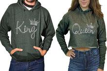 Load image into Gallery viewer, King and Queen hoodies, Matching couple hoodies, Charcoal pullover hoodie for man Charcoal crop top hoodie for woman
