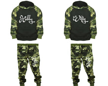 將圖片載入圖庫檢視器 Hubby and Wifey matching top and bottom set, Camo Green hoodie and sweatpants sets for mens, camo hoodie and jogger set womens. Couple matching camo jogger pants.