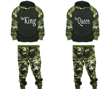 Load image into Gallery viewer, Her King and His Queen matching top and bottom set, Camo Green hoodie and sweatpants sets for mens, camo hoodie and jogger set womens. Couple matching camo jogger pants.