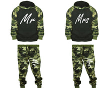 Load image into Gallery viewer, Mr and Mrs matching top and bottom set, Camo Green hoodie and sweatpants sets for mens, camo hoodie and jogger set womens. Couple matching camo jogger pants.