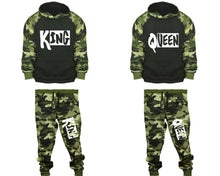 將圖片載入圖庫檢視器 King and Queen matching top and bottom set, Camo Green hoodie and sweatpants sets for mens, camo hoodie and jogger set womens. Couple matching camo jogger pants.