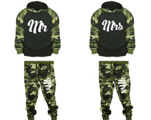 Load image into Gallery viewer, Mr and Mrs matching top and bottom set, Camo Green hoodie and sweatpants sets for mens, camo hoodie and jogger set womens. Couple matching camo jogger pants.