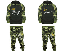 將圖片載入圖庫檢視器 King and Queen matching top and bottom set, Camo Green hoodie and sweatpants sets for mens, camo hoodie and jogger set womens. Couple matching camo jogger pants.