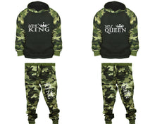 將圖片載入圖庫檢視器 Her King and His Queen matching top and bottom set, Camo Green hoodie and sweatpants sets for mens, camo hoodie and jogger set womens. Couple matching camo jogger pants.