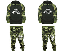 Load image into Gallery viewer, King and Queen matching top and bottom set, Camo Green hoodie and sweatpants sets for mens, camo hoodie and jogger set womens. Couple matching camo jogger pants.