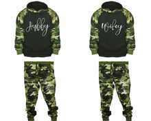 將圖片載入圖庫檢視器 Hubby and Wifey matching top and bottom set, Camo Green hoodie and sweatpants sets for mens, camo hoodie and jogger set womens. Couple matching camo jogger pants.