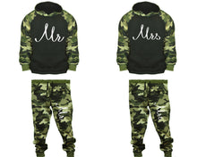 Load image into Gallery viewer, Mr and Mrs matching top and bottom set, Camo Green hoodie and sweatpants sets for mens, camo hoodie and jogger set womens. Couple matching camo jogger pants.