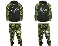 Load image into Gallery viewer, Mr and Mrs matching top and bottom set, Camo Green hoodie and sweatpants sets for mens, camo hoodie and jogger set womens. Couple matching camo jogger pants.