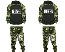 將圖片載入圖庫檢視器 King and Queen matching top and bottom set, Camo Green hoodie and sweatpants sets for mens, camo hoodie and jogger set womens. Couple matching camo jogger pants.