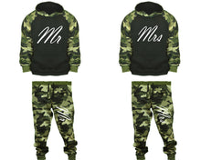 Load image into Gallery viewer, Mr and Mrs matching top and bottom set, Camo Green hoodie and sweatpants sets for mens, camo hoodie and jogger set womens. Couple matching camo jogger pants.