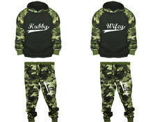 將圖片載入圖庫檢視器 Hubby and Wifey matching top and bottom set, Camo Green hoodie and sweatpants sets for mens, camo hoodie and jogger set womens. Couple matching camo jogger pants.