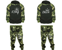 將圖片載入圖庫檢視器 King and Queen matching top and bottom set, Camo Green hoodie and sweatpants sets for mens, camo hoodie and jogger set womens. Couple matching camo jogger pants.