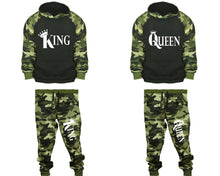 將圖片載入圖庫檢視器 King and Queen matching top and bottom set, Camo Green hoodie and sweatpants sets for mens, camo hoodie and jogger set womens. Couple matching camo jogger pants.