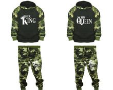 將圖片載入圖庫檢視器 Her King and His Queen matching top and bottom set, Camo Green hoodie and sweatpants sets for mens, camo hoodie and jogger set womens. Couple matching camo jogger pants.