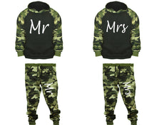 Load image into Gallery viewer, Mr and Mrs matching top and bottom set, Camo Green hoodie and sweatpants sets for mens, camo hoodie and jogger set womens. Couple matching camo jogger pants.