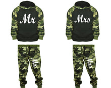 Load image into Gallery viewer, Mr and Mrs matching top and bottom set, Camo Green hoodie and sweatpants sets for mens, camo hoodie and jogger set womens. Couple matching camo jogger pants.