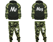Load image into Gallery viewer, Mr and Mrs matching top and bottom set, Camo Green hoodie and sweatpants sets for mens, camo hoodie and jogger set womens. Couple matching camo jogger pants.