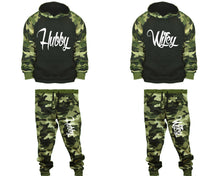 將圖片載入圖庫檢視器 Hubby and Wifey matching top and bottom set, Camo Green hoodie and sweatpants sets for mens, camo hoodie and jogger set womens. Couple matching camo jogger pants.