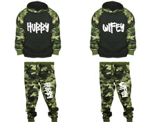 將圖片載入圖庫檢視器 Hubby and Wifey matching top and bottom set, Camo Green hoodie and sweatpants sets for mens, camo hoodie and jogger set womens. Couple matching camo jogger pants.