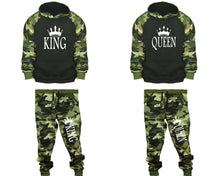 將圖片載入圖庫檢視器 King and Queen matching top and bottom set, Camo Green hoodie and sweatpants sets for mens, camo hoodie and jogger set womens. Couple matching camo jogger pants.