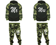 Load image into Gallery viewer, Mr and Mrs matching top and bottom set, Camo Green hoodie and sweatpants sets for mens, camo hoodie and jogger set womens. Couple matching camo jogger pants.